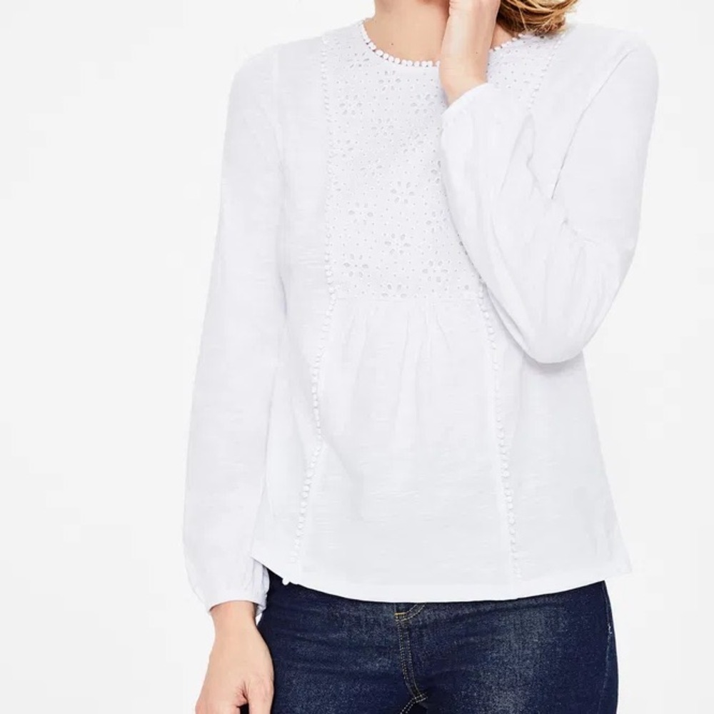 Boden White Embroidered Long Sleeve Top - Picture 1 of 7